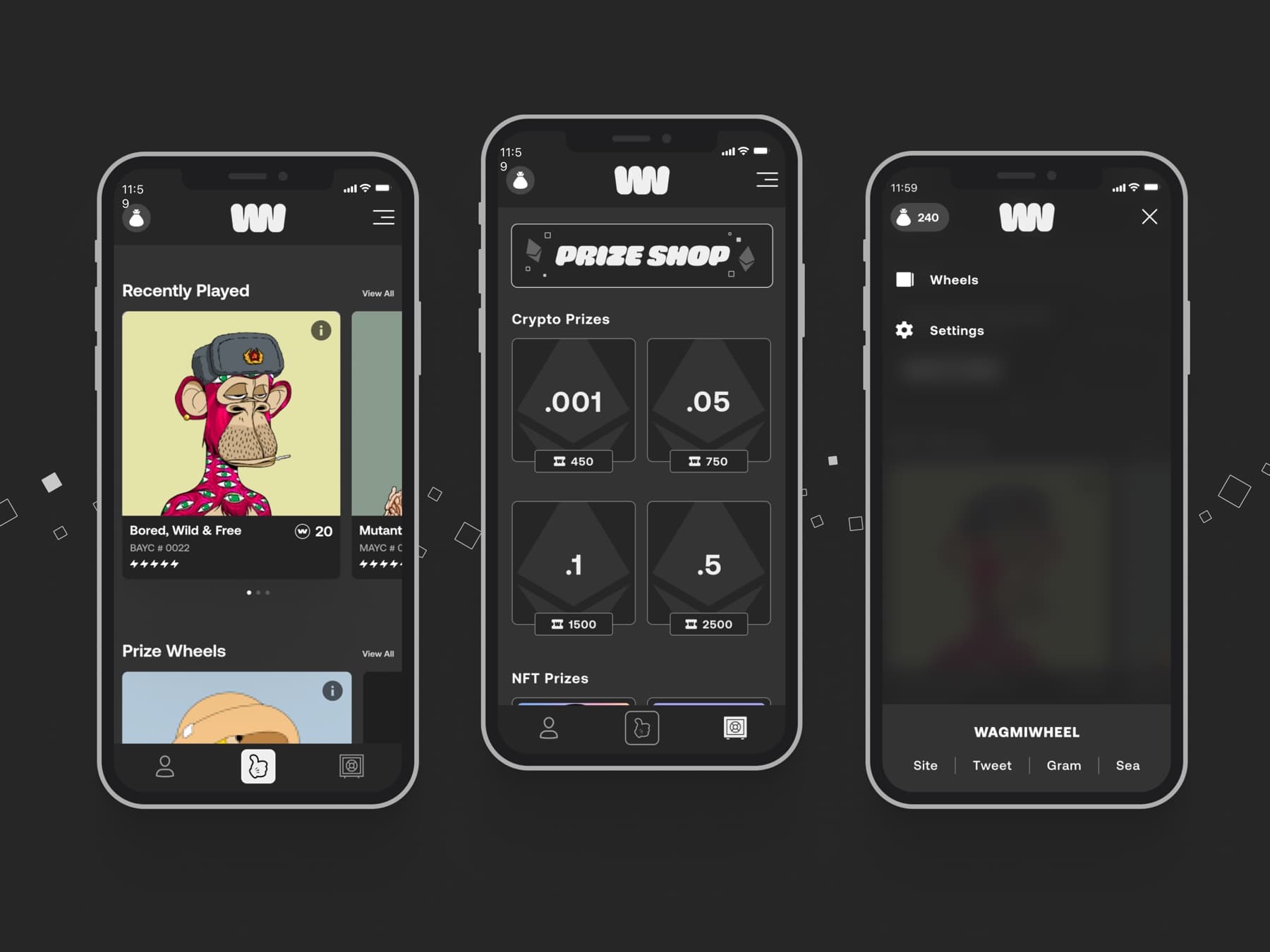 Wagmi Wheel prize and wallet screens